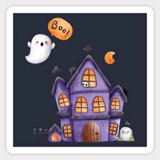 Spooky Halloween house and cute ghost Sticker